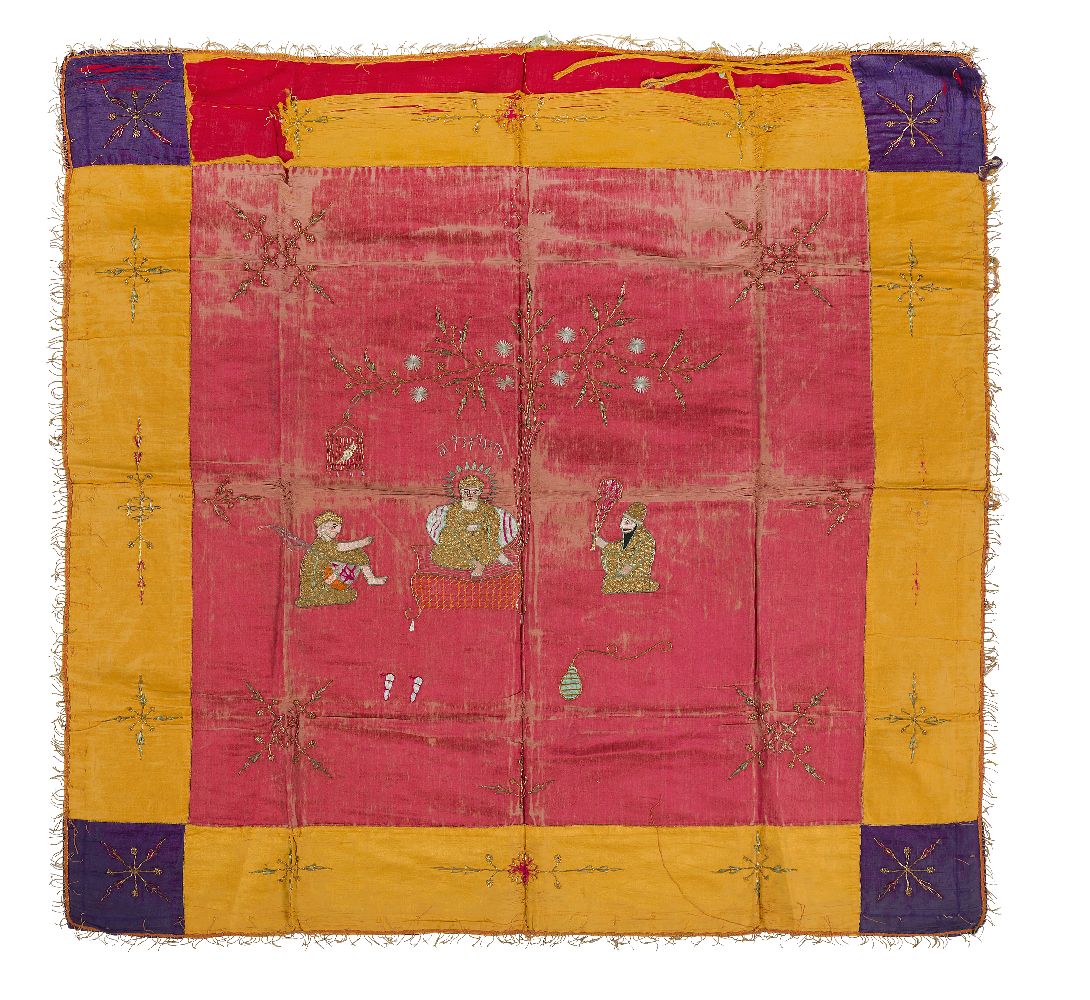 A Sikh embroidery on silk depicting Guru Nanek, Punjab, India, 19th century, of square form, the