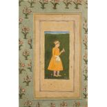 An album page: A Mughal youth with a bird, North India, late 18th-early 19th century, opaque