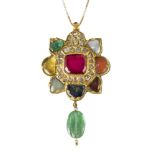 A gem-set gold Navratna pendant, India, 20th century, arranged as a flower head with gem-set petals,