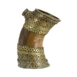 A rare brass huqqa base in the form of a yak's horn, Skardo, Baltistan, 18th century, the body