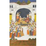 A palace scene, Oudh, India, circa 1830, opaque pigments on paper heightened with gilt, depicting