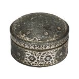 A Mughal silver inlaid bidriware circular lidded box, India, 18th century, decorated to lid and