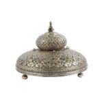 A large openwork silver incense burner, India, 19th-20th century, lead-lined, of circular form on