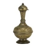 A figural engraved South Indian bronze vase, 18th-19th century, on a circular splayed foot, with