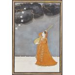 A lady with a musical instrument under a stormy sky, Kangra, Punjab Hills, India, circa 1800,