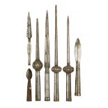 A group of steel spear heads of various sizes, India, 17th-18th century, three with ribbed knops and