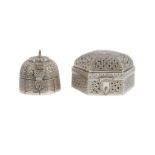 A silver hexagonal hinged box and a small domed silver betel box, India, 20th century, the first