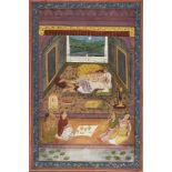 A Prince and his mistress in their bedchamber attended by musicians, Provincial Mughal, 19th