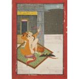 An erotic archery scene, Rajasthan, 19th century, opaque pigments heightened with gold on paper, the