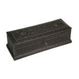 A carved Bombay wood box, India, 19th century, of rectangular form, carved to the lid with a