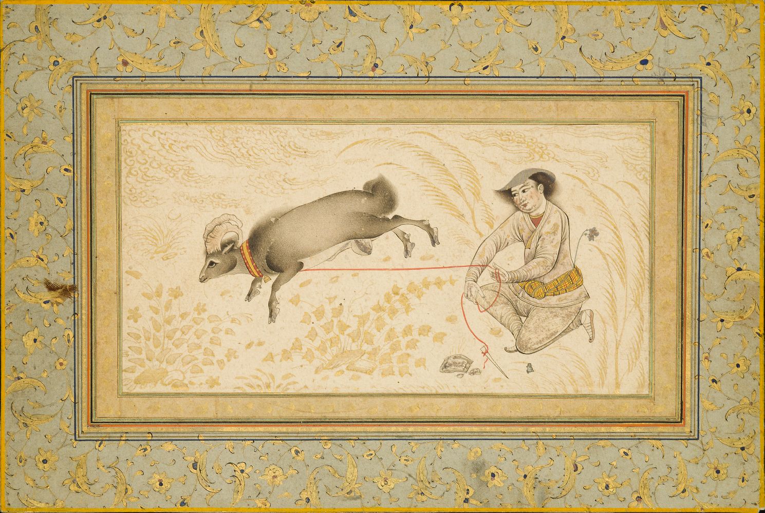 A shepherd and his ram, Qajar Iran, 19th century in the Safavid style, black ink, opaque pigments