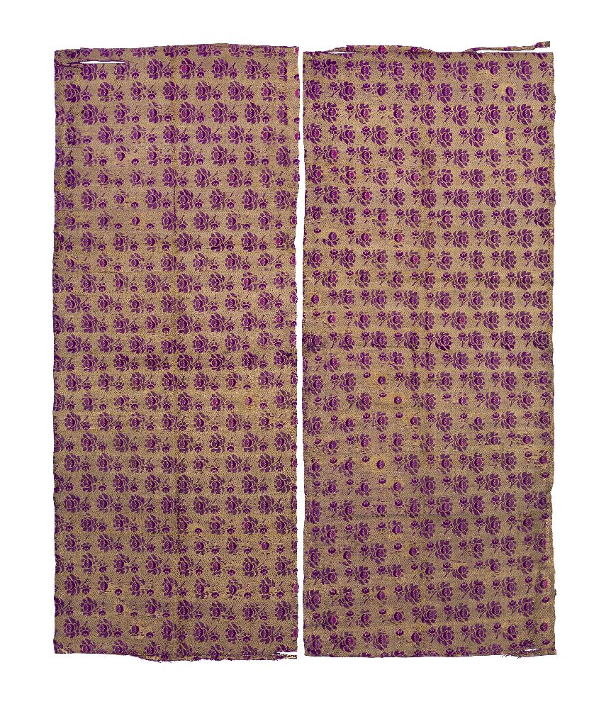 Two Mughal gilt metal thread embroidered panels of purple silk, India, late 18th century, with a