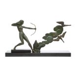 Art Deco, a cold-painted bronze group 'Diana with birds', c.1930, probably French, stamped Bronze