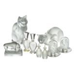 Lalique, two clear and frosted glass models of cats Modern, engraved Lalique France Naturalistically