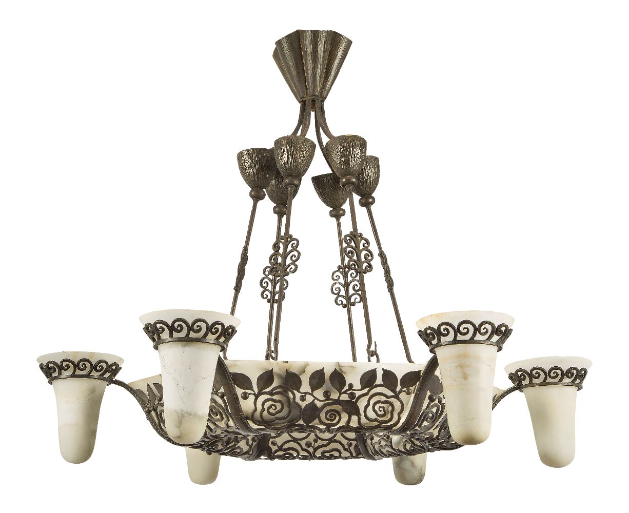 Edgar Brandt (1880-1960), an Art Deco wrought-iron and alabaster six branch chandelier c.1925,