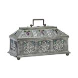 Arts & Crafts, an embossed pewter casket inset with glass cabochons, in the manner of Daguet c.1900,