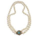 A cultured pearl necklace with diamond and turquoise clasp, the double row of uniform cultured