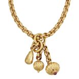 An Italian large belcher-link necklace, suspending three pendants, two of fluted lantern shape,