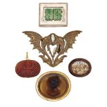 A group of jewellery, comprising: a 19th century agate applied cameo oval brooch depicting the