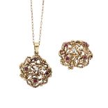 A ruby and diamond brooch and pendant necklace, each designed as an old-brilliant-cut diamond and