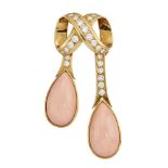 An 18ct gold, coral and diamond drop design brooch, the diamond-set crossover panel suspending