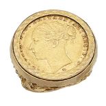 A 9ct gold mounted Victoria young head sovereign ring, 1884, the ring mount with openwork gallery,