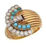 A diamond and turquoise buckle ring, with diamond and turquoise-set buckle to a broad reeded