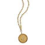 A gold mounted USA 20 dollar coin pendant necklace, the 20 dollar coin dated 1904, within ropework