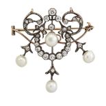 A late 19th century diamond and pearl brooch, of trefoil openwork panel design, set with a central