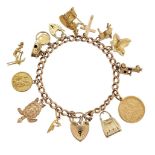 A 9ct gold charm bracelet, comprising: fourteen various charms suspended from a curb-link