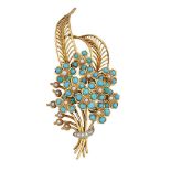 A diamond and turquoise brooch, designed as a floral spray with seed pearl and turquoise multiple