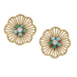 A pair of diamond and turquoise flowerhead earrings, the central circular-cut diamond and