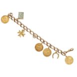 A 9ct gold charm bracelet, suspending four pendant-mounted half sovereigns and three various charms,