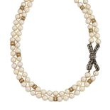 A cultured pearl and diamond necklace, the double row of cultured pearl