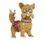 An 18ct gold, diamond and gem novelty dog brooch, by Ben Rosenfeld, the textured body with