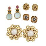 Four pairs of earrings, comprising: a pair of 18ct gold mabe cultured pearl single stone earrings