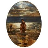 Alfred Joseph Woolmer RBA, British 1805-1892- Evening on the Coast; oil on canvas, feigned oval,