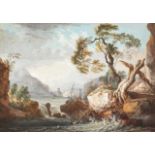 Circle of Paul Sandby RA, British 1731-1809- A Capriccio landscape with a waterfall, herdsman and