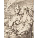 Hendrick Goltzius, German 1558-1617- Two female allegorical figures; copper engraving on laid paper,