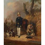 R Mayers, British, early-mid 19th century- Sportsman with gun, Gillie, horse & dogs; oil on