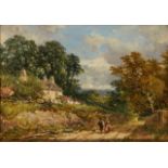 John Syer Snr RI, British 1815-1885- Lane Scene near Bath with Cottage & Figures, 1849; oil on