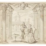 British School, mid 18th century- Seated woman with man in classical interior, possibly a visiting