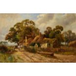 Walter Norfolk, British, late 19th/early 20th century- Horse and cart on a track with cottages and