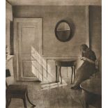 Peter Ilsted, Danish 1861-1933- Interior with a woman reading a letter; mezzotint, signed in pencil,