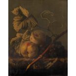 European School, early/mid 19th century- Still life of peaches and vine leaves on a marble ledge;