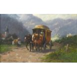 Otto Fedder, German 1873-1919- Horse and carriage on alpine track; oil on panel, signed, 5.6x8.