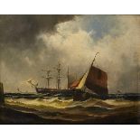 British School, mid 19th century- Shipping scene beneath stormy skies; oil on canvas, 40.7x50.