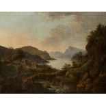 Follower of Alexander Nasmyth RBA, Scottish 1758-1840- Highland landscape with cottages woodland,