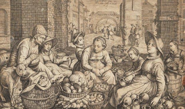 Jacob Matham, Dutch 1571-1631- Market Scene in City with the Parable of the Labourers in the