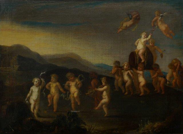 Follower of Cornelis van Poelenburgh, Dutch 1594-1667- Bacchanal procession of putti and angels; oil